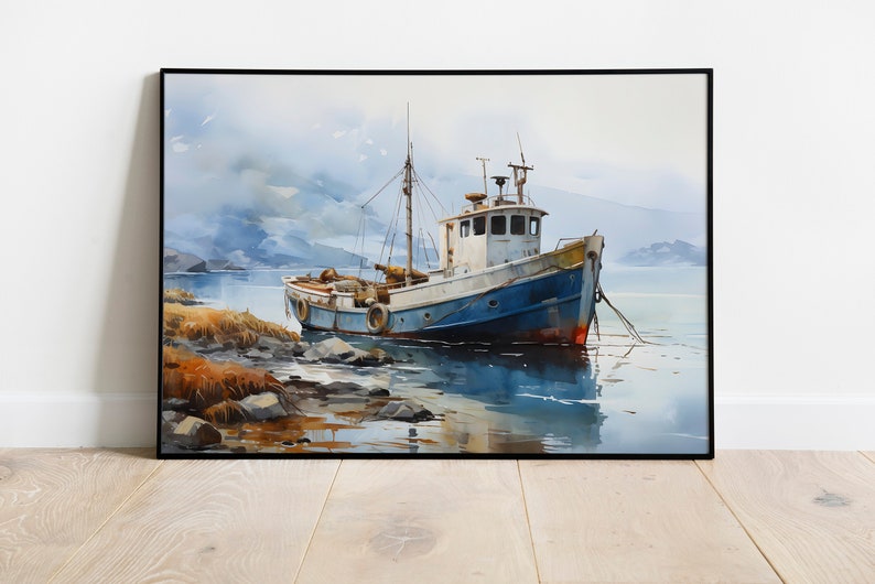 May include: A watercolour painting of a blue and white fishing boat moored at a rocky shore. The boat is surrounded by calm water and a misty background.