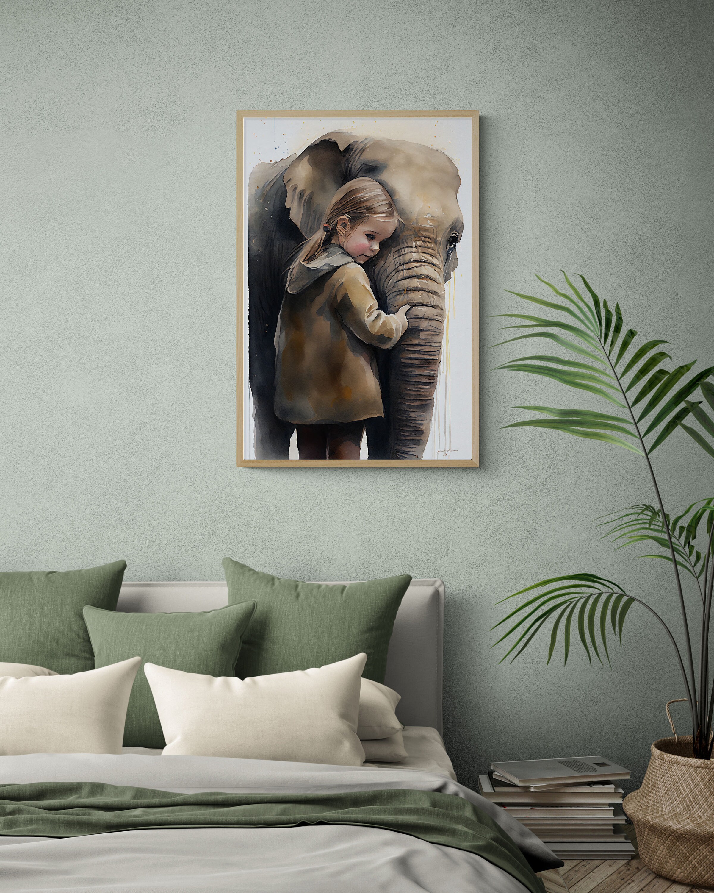 Girl Hugging Elephant Watercolor Print Girl DIGITAL Print Etsy