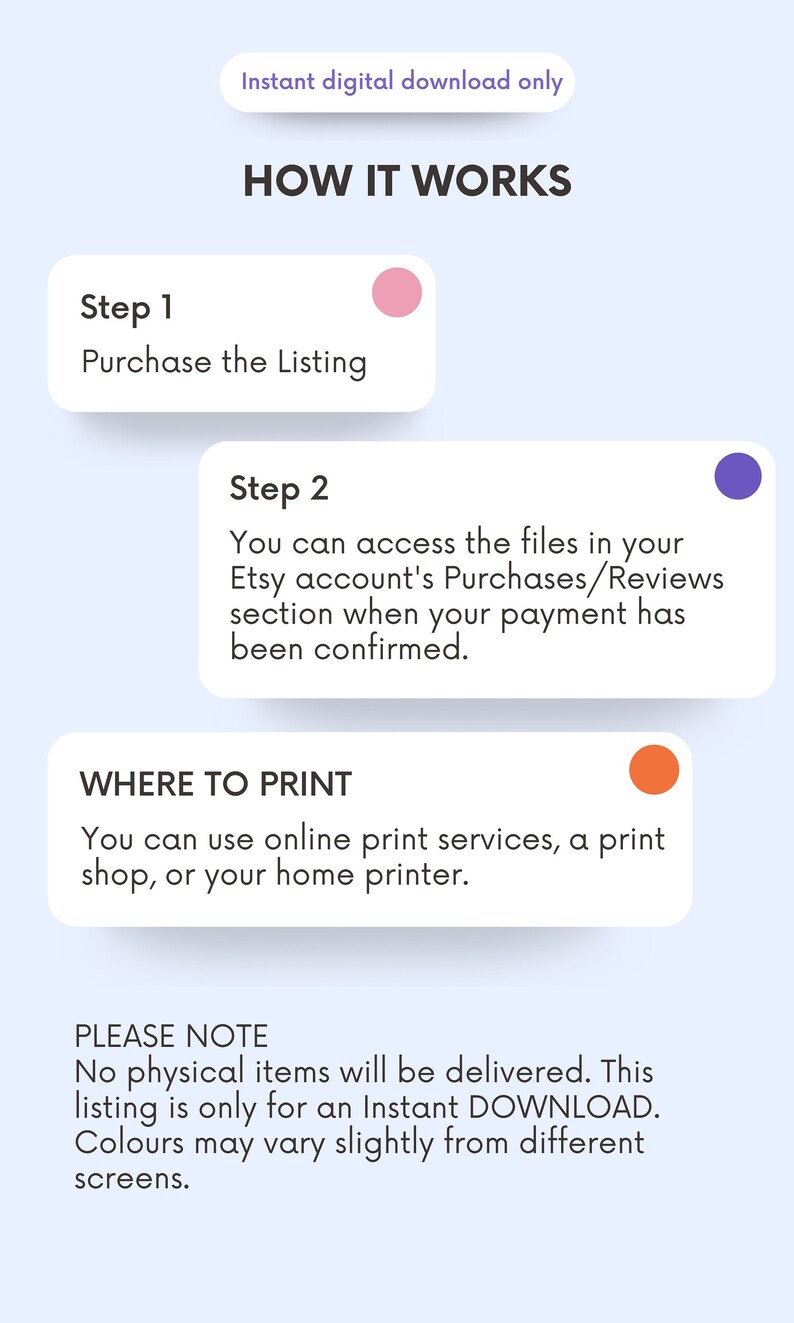 May include: A graphic with instructions on how to purchase and download digital printable files. The text reads "Instant digital download only", "How it works", "Step 1: Purchase the Listing", "Step 2: You can access the files in your Etsy account's Purchases/Reviews section when your payment has been confirmed.", "Where to Print: You can use online print services, a print shop, or your home printer.", and "Please Note: No physical items will be delivered. This listing is only for an Instant DOWNLOAD. Colours may vary slightly from different screens."