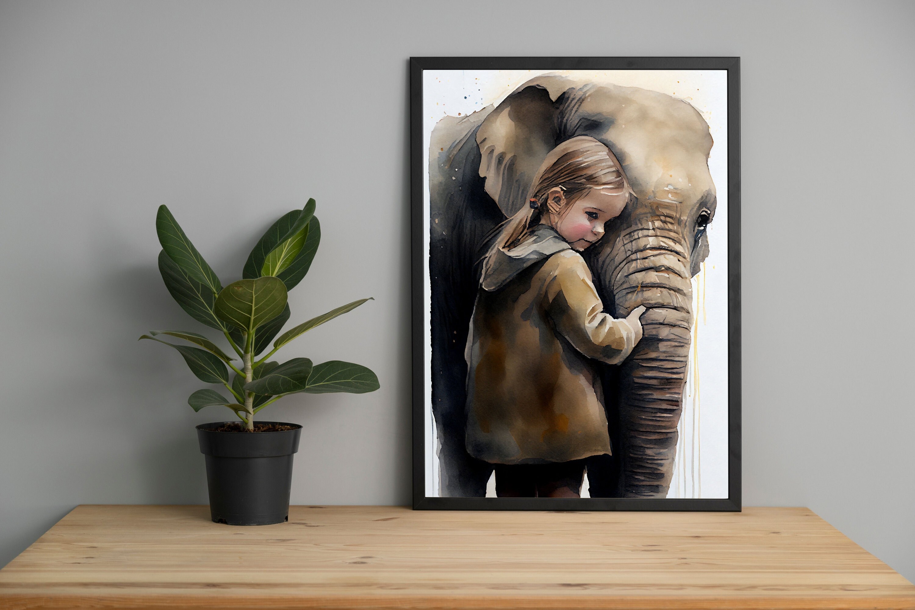 Girl Hugging Elephant Watercolor Print Girl DIGITAL Print Etsy