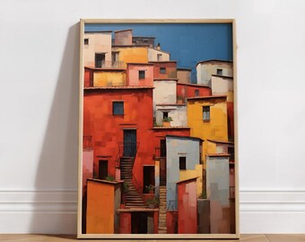 Townscape Printable Art, Oil Painting of a Town, Wall Decor, Digital Download, Closeup Shot