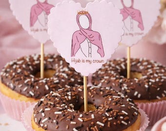 Adorno para cupcakes con hijab, «El hijab es mi corona», nombre personalizable, redondo o en forma de corazón, decoración para fiesta con hijab.