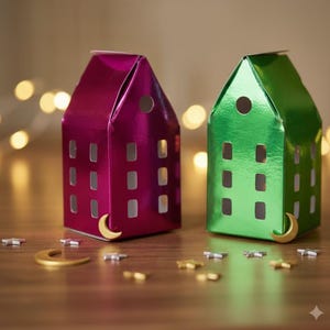May include: Two metallic house-shaped gift boxes, one magenta and one green, with rectangular windows and a circular opening. Gold crescent moon and star-shaped embellishments are scattered around the houses. The houses are on a wooden surface.