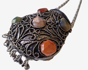 Antique Alpaca Silver Trinket Box Necklace: Semiprecious Stones, Boho Chic