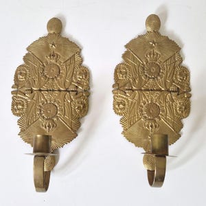 Pair of vintage Swedish hammered brass wall candle sconces