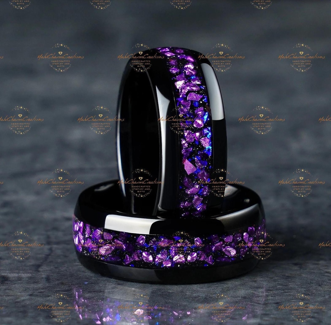 Amethyst Inlay Black Tungsten Carbide Men Women, Engagement Anniversary ...