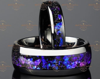 Black Tungsten Carbide Galaxy Opal Men Women Ring Jewelry - Wedding Anniversary Engagement Ring - Minimalist Charm Ring-Fashion Finding Ring