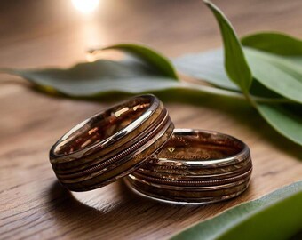 Guitar String Whiskey Barrel Wood Tungsten Carbide Men Women Ring Jewelry - Wedding Ring - Bridesmaid Gift - Wedding Jewelry - Wedding Gift