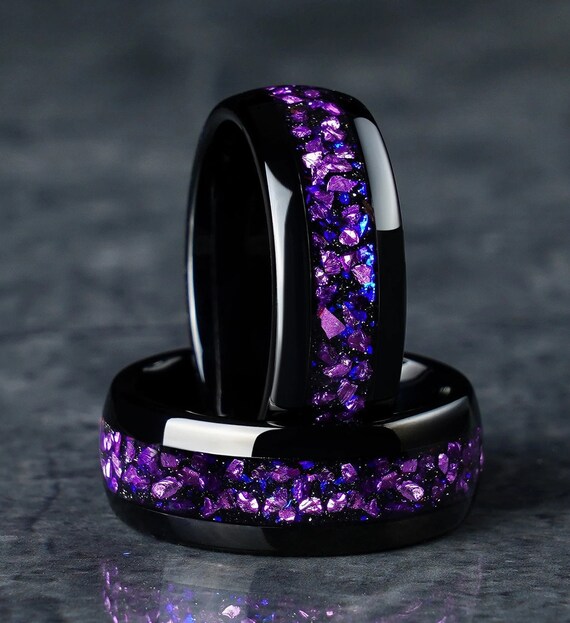 Amethyst Inlay Black Tungsten Carbide Men Women Minimalist Ring Wedding Anniversary Engagement Band Promise Men Ring Halloween Etsy