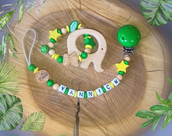 Pacifier chain with wooden grasping toy elephant