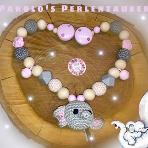 Kinderwagenketting, kinderwagenketting met gehaakt diertje, kinderwagenketting