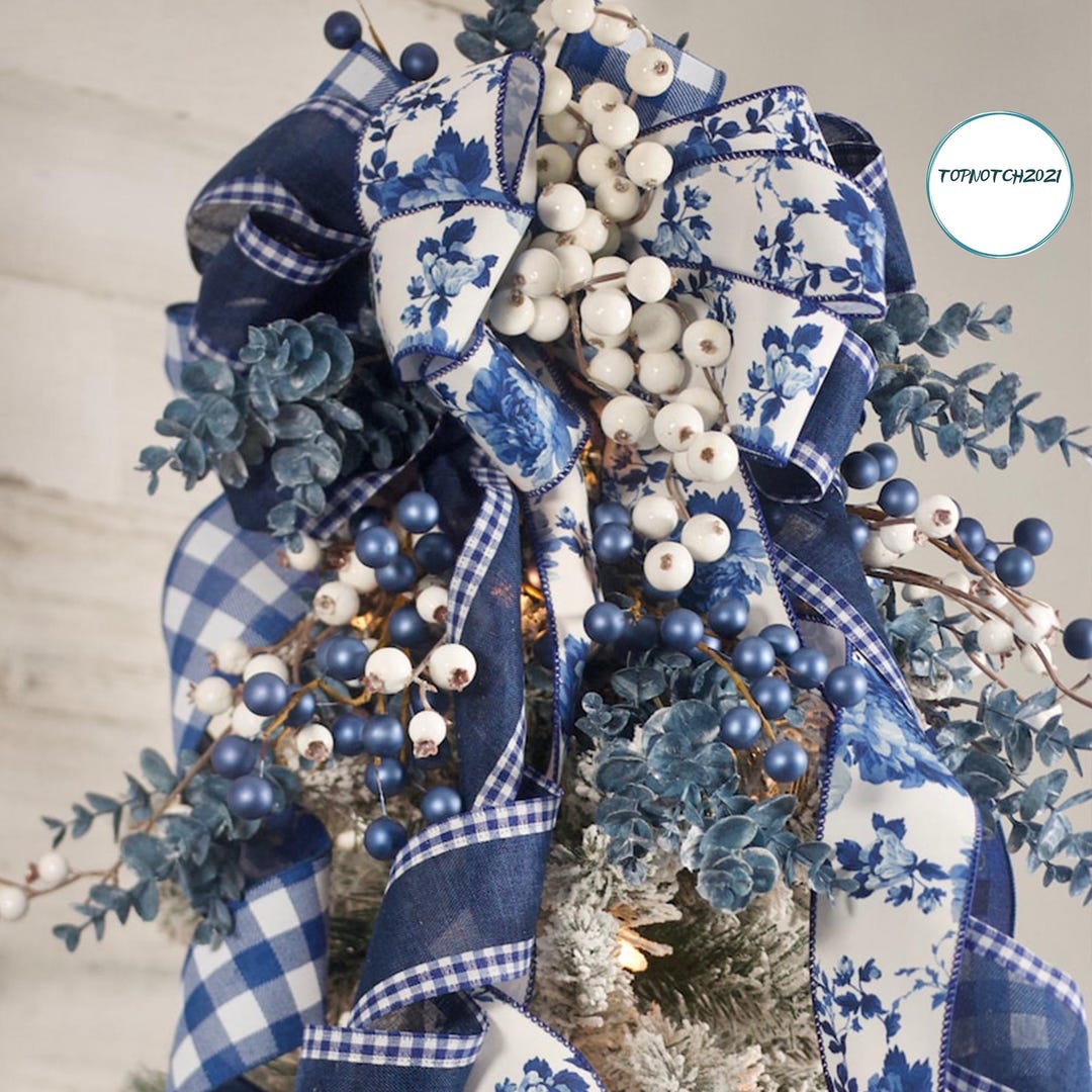 Blue Christmas Decor Ribbon Tree Topper Blue Green And White Tree ...