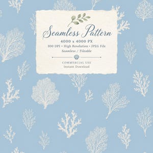 Puede incluir: Un fondo digital azul claro con un patrón repetitivo de coral blanco. Un recuadro central con textura de papel muestra el texto Seamless Pattern, 4000 x 4000 PX, 300 DPI, High Resolution, JPEG File, Seamless / Tileable, COMMERCIAL USE, Instant Download.