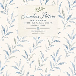 Könnte beinhalten: Ein nahtloses Muster mit aquarellierten blauen Blättern auf cremefarbenem Hintergrund. Ein zentrales Textfeld zeigt: Seamless Pattern, 4000 x 4000 PX, 300 DPI, High Resolution, JPEG File, Seamless / Tileable, COMMERCIAL USE, Instant Download.