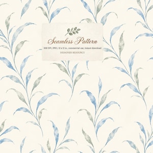 Könnte beinhalten: Ein nahtloses Muster mit blauen und grünen Blättern im Aquarellstil auf cremefarbenem Hintergrund. Ein zentrales Textfeld enthält: Seamless Pattern, 300 DPI, JPEG, 12 x 12 in., commercial use, instant download, DESIGNER RESOURCE.