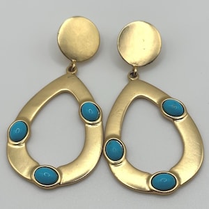 Kenneth Jay Lane KJL Open Teardrop Faux Turquoise Stud Pierced Earrings Gold Tone Vintage