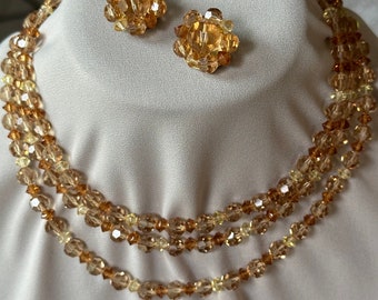 Lisner Triple Strand Faceted Crystal Bead Necklace & Earrings Demi Parure