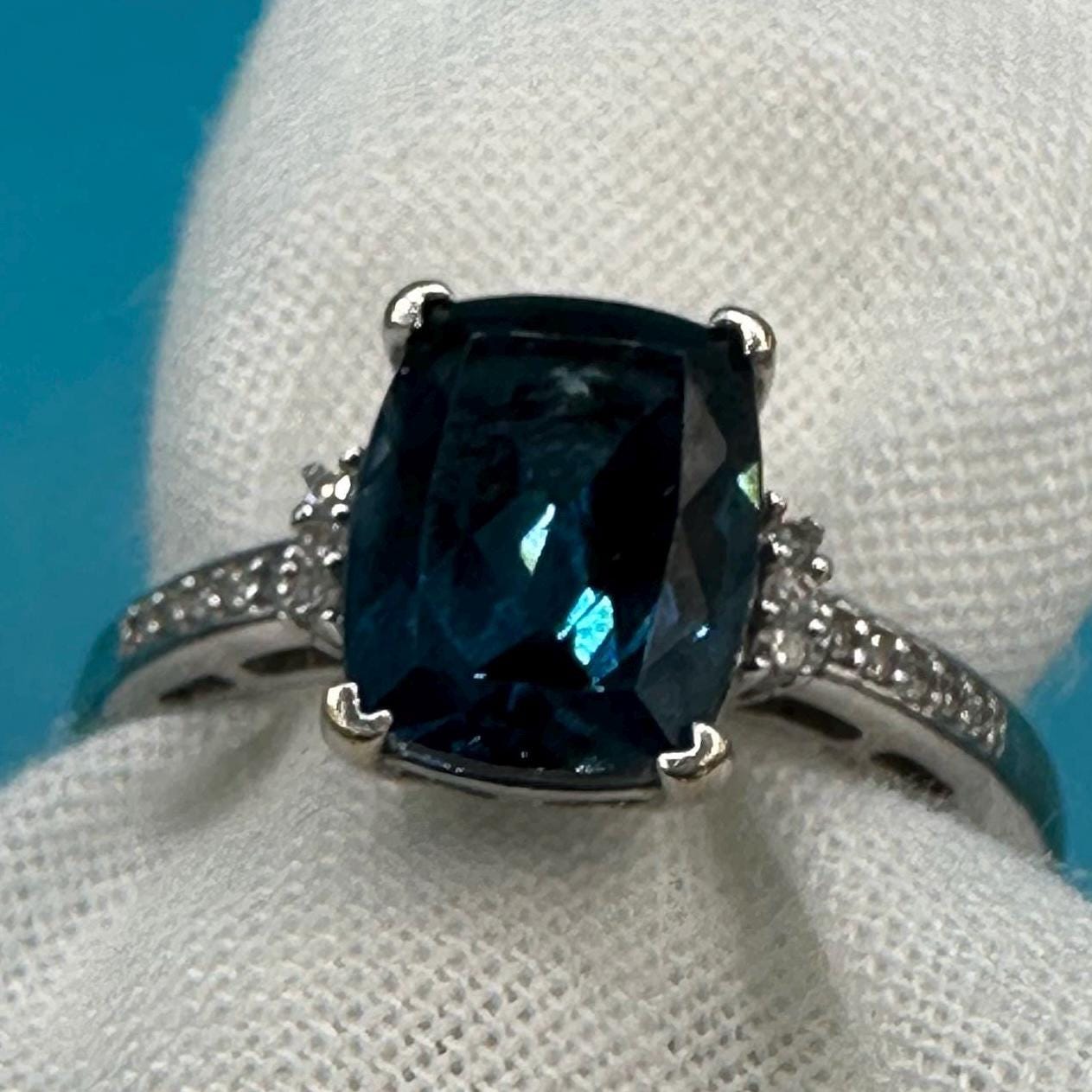 White Gold 10K London Blue Topaz Ring Diamond Pave Accent US Size 5 - 2 1/2 ct.