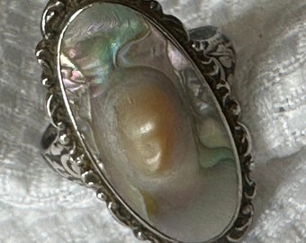 Sterling Blister Pearl Iridescent Ring Size 8.5