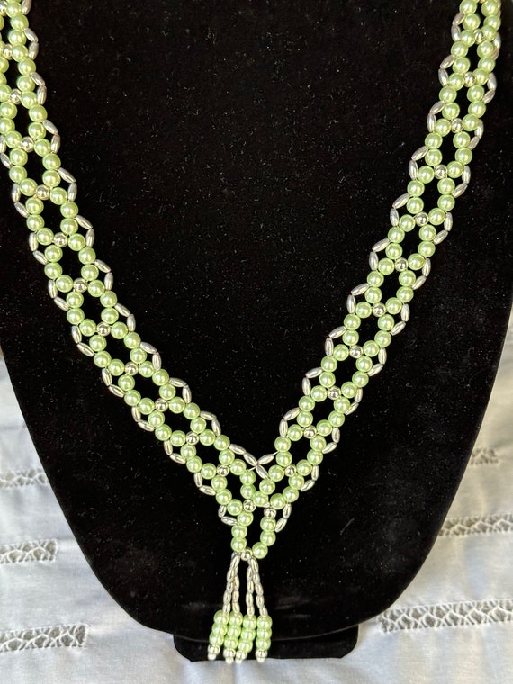 Green Faux Pearl Woven Tassel Necklace