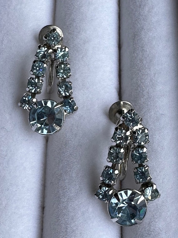 Blue Rhinestone Dangle Screw Back Earrings - image 2