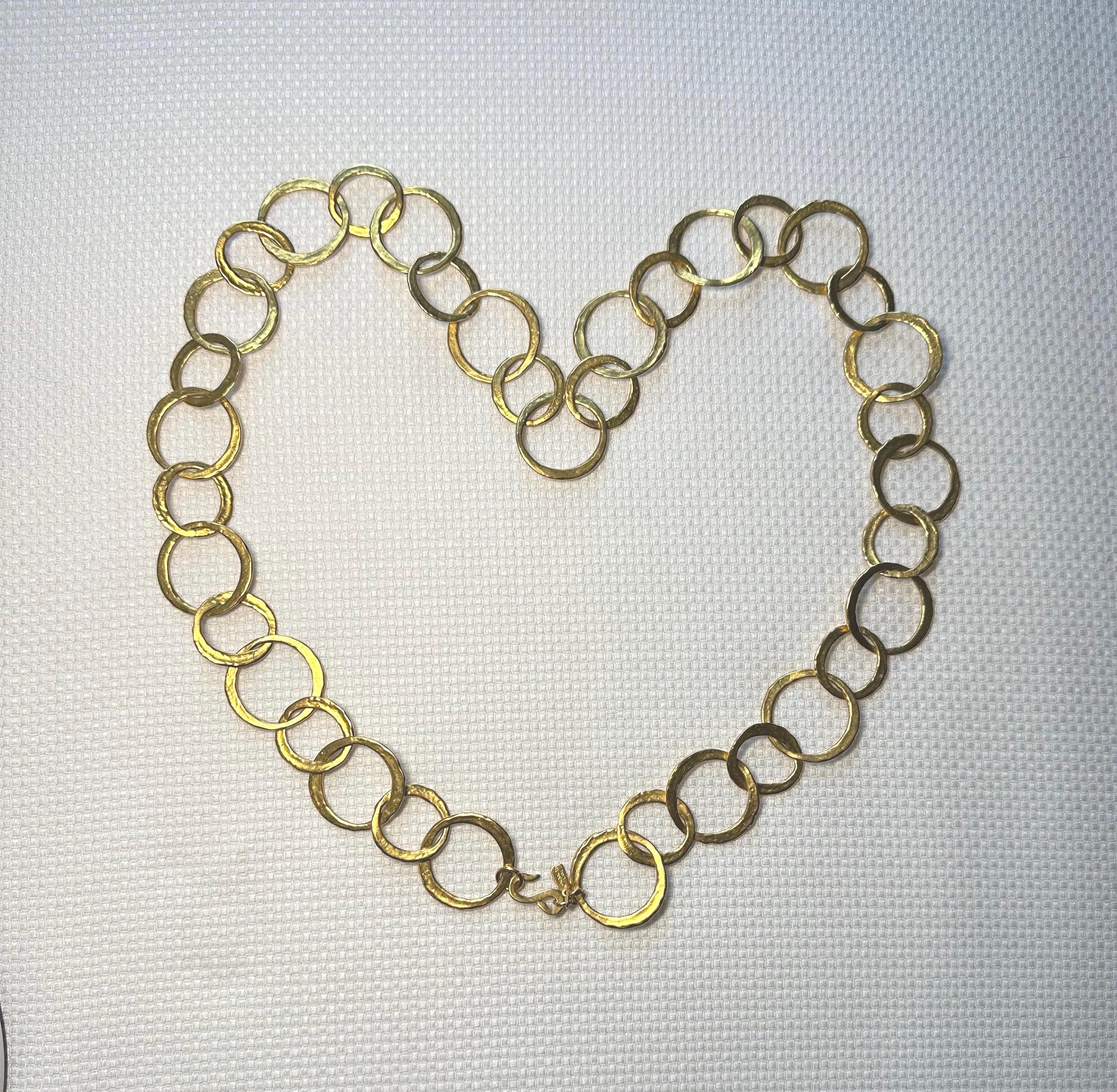 Vintage KJL Circle Link Chain Belt or Necklace with Gold Tone Hook Clasp, Chic KJL Kenneth Jay Lane Hammered Satin Gold Tone Circle Link  main image 4