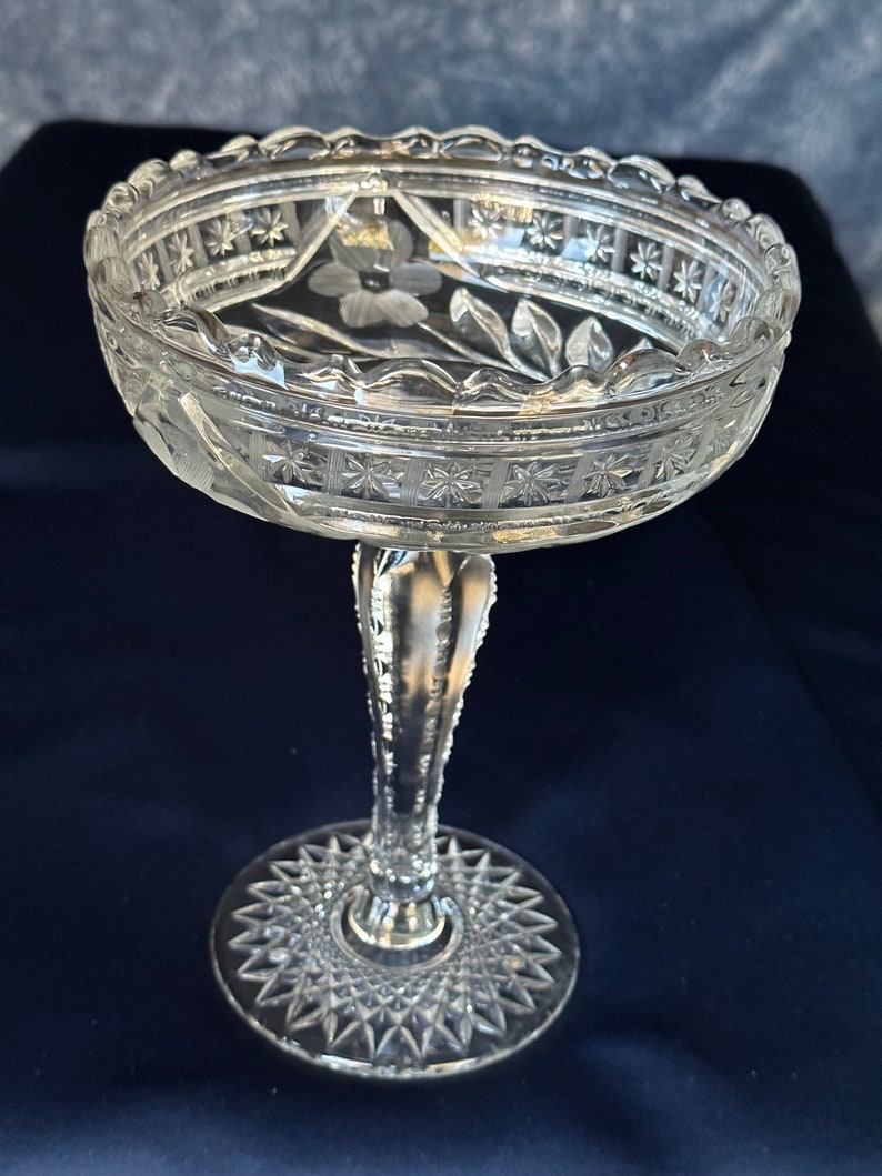 Etched Crystal Compote With Floral Detail & Cut Stem Etsy