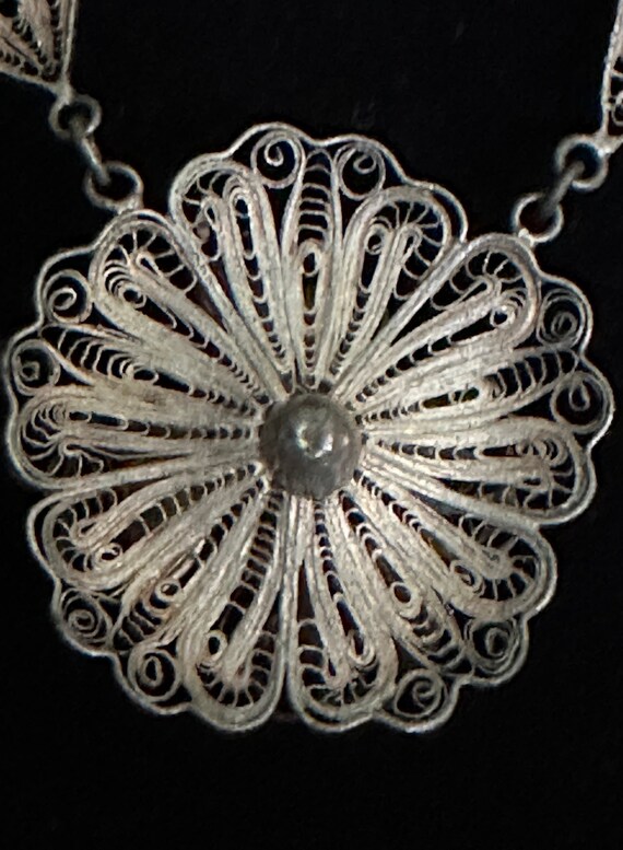 Mexican Silver Floral Filigree Necklace, Vintage - image 10