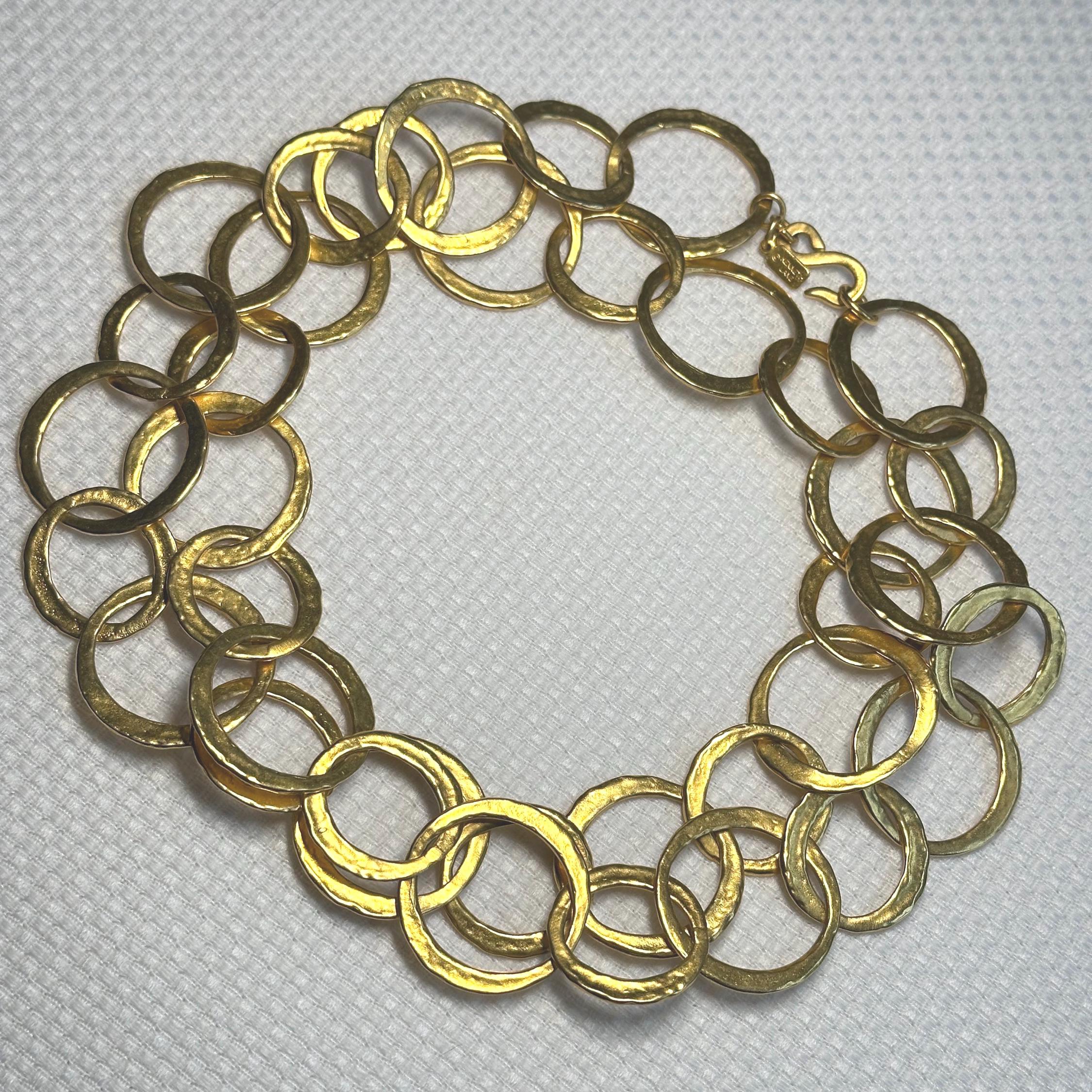 Vintage KJL Circle Link Chain Belt or Necklace with Gold Tone Hook Clasp, Chic KJL Kenneth Jay Lane Hammered Satin Gold Tone Circle Link  main image 2