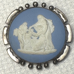 Rare Antique Wedgwood Blue Jasperware Silver Pin Brooch, Circa Late 1800s - HTF