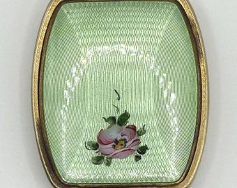 Green Guilloche Enamel Hand Painted Rose Gold Tone Makeup Powder Compact