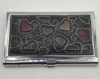 Retired Brighton Multi Hearts Leather Business Card Case Holder Silver Tone Rare HTF