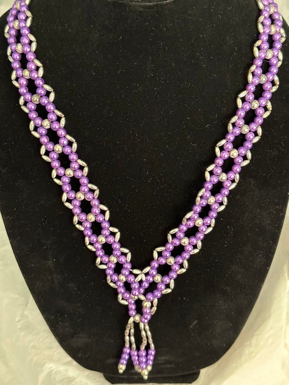 Purple Faux Pearl Woven Tassel Necklace