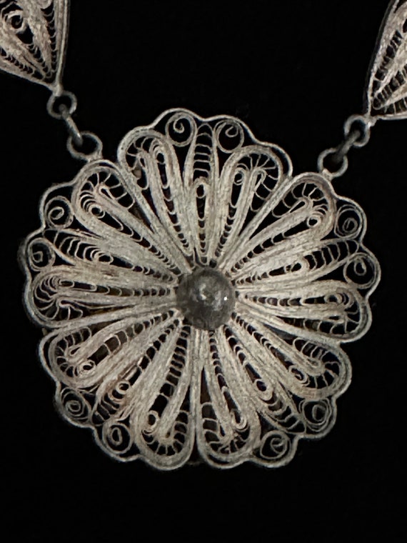 Mexican Silver Floral Filigree Necklace, Vintage - image 9