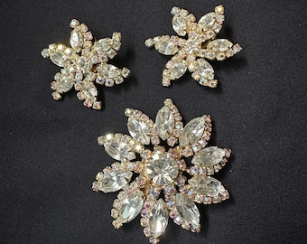 Vintage AB Strass Starburst Brosche und Ohrclips Set
