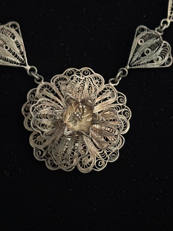 Mexican Silver Floral Filigree Necklace, Vintage - image 3