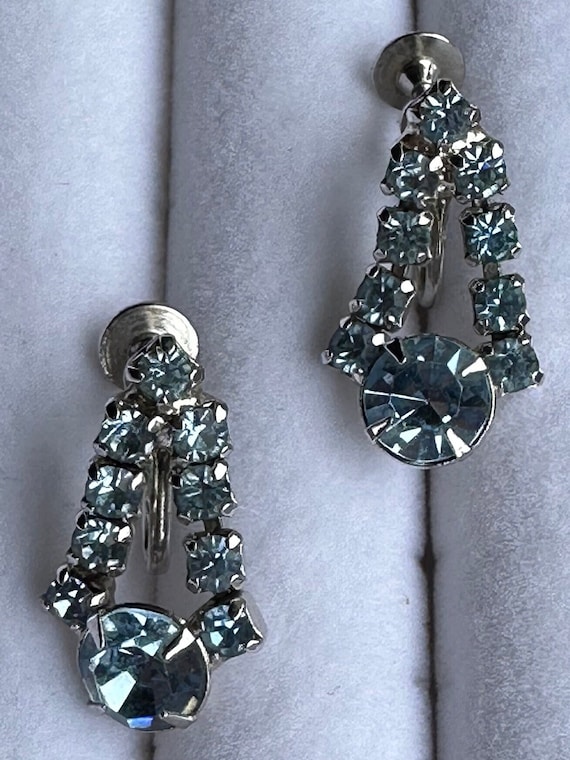 Blue Rhinestone Dangle Screw Back Earrings - image 1