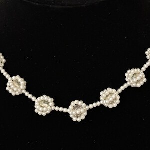 AB Crystals in Faux Pearl Cages Vtg Station Necklace