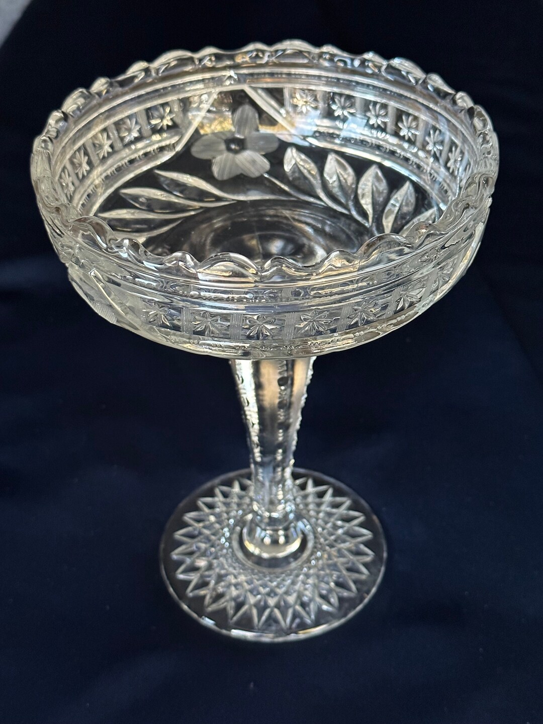 Etched Crystal Compote With Floral Detail & Cut Stem Etsy