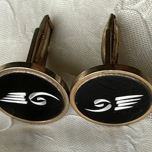 Vintage Black Cuff Links with Etched Emblem in Gold Tone and Silver Tone