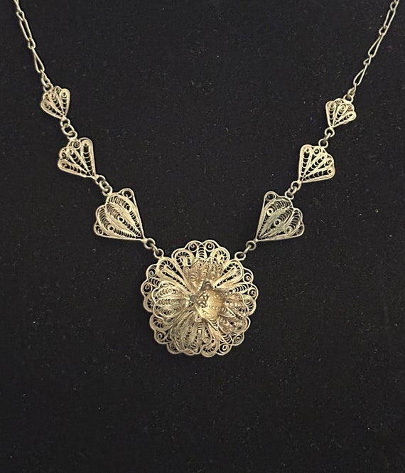 Mexican Silver Floral Filigree Necklace, Vintage - image 1
