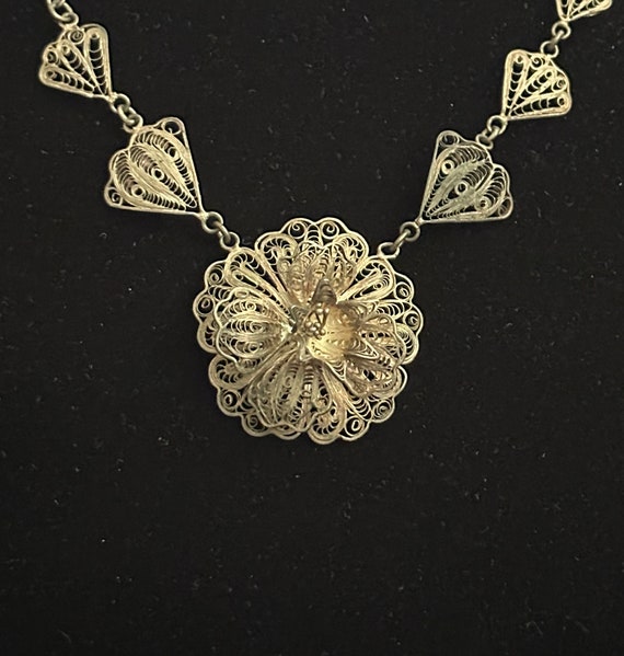 Mexican Silver Floral Filigree Necklace, Vintage - image 2