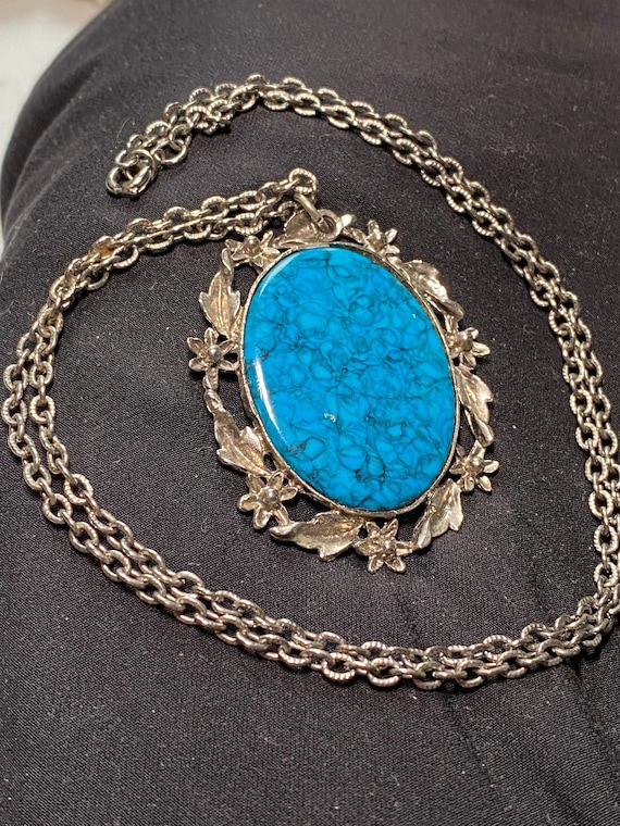 Faux Turquoise Pendant on Silver Tone Chain
