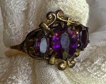Amethyst Glass Three Stone 10K Yellow Gold Ring
