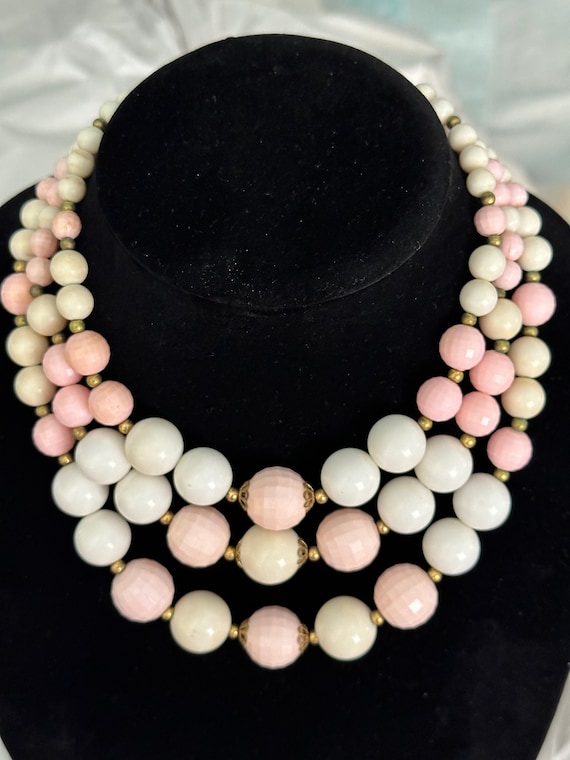 Bubble Gum Faceted Bead Triple Strand Necklace