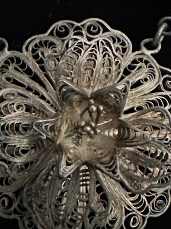 Mexican Silver Floral Filigree Necklace, Vintage - image 4