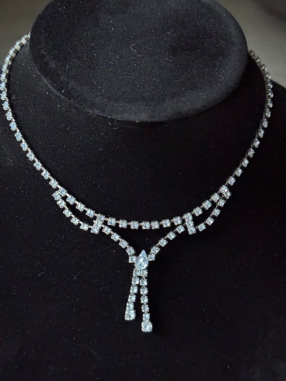 Vintage Blue Rhinestone Tassel Drop Necklace