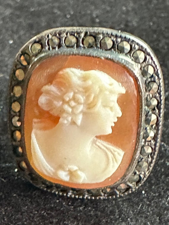 Sterling Cameo Ring with Carved Shell & Marcasite