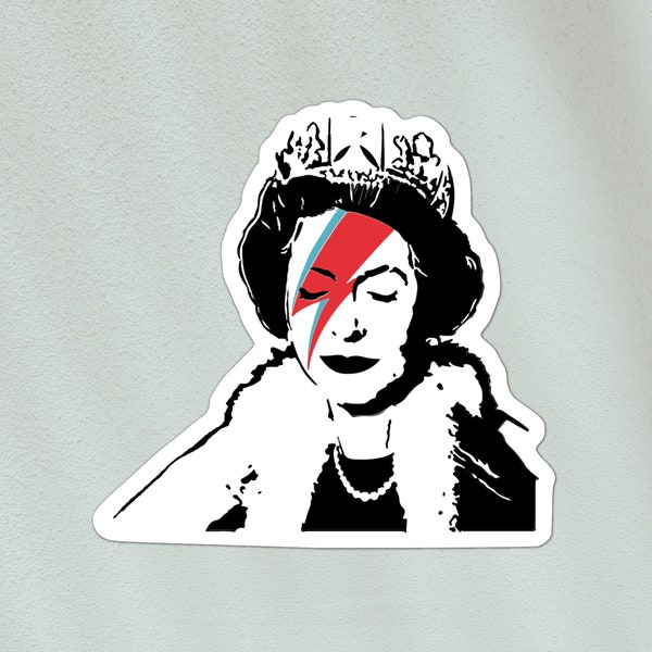 Queen Elizabeth as Ziggy Stardust, Banksy graffiti sticker, Britsh monarchy, David Bowie | laptop, bottle, phone waterproof vinyl sticker