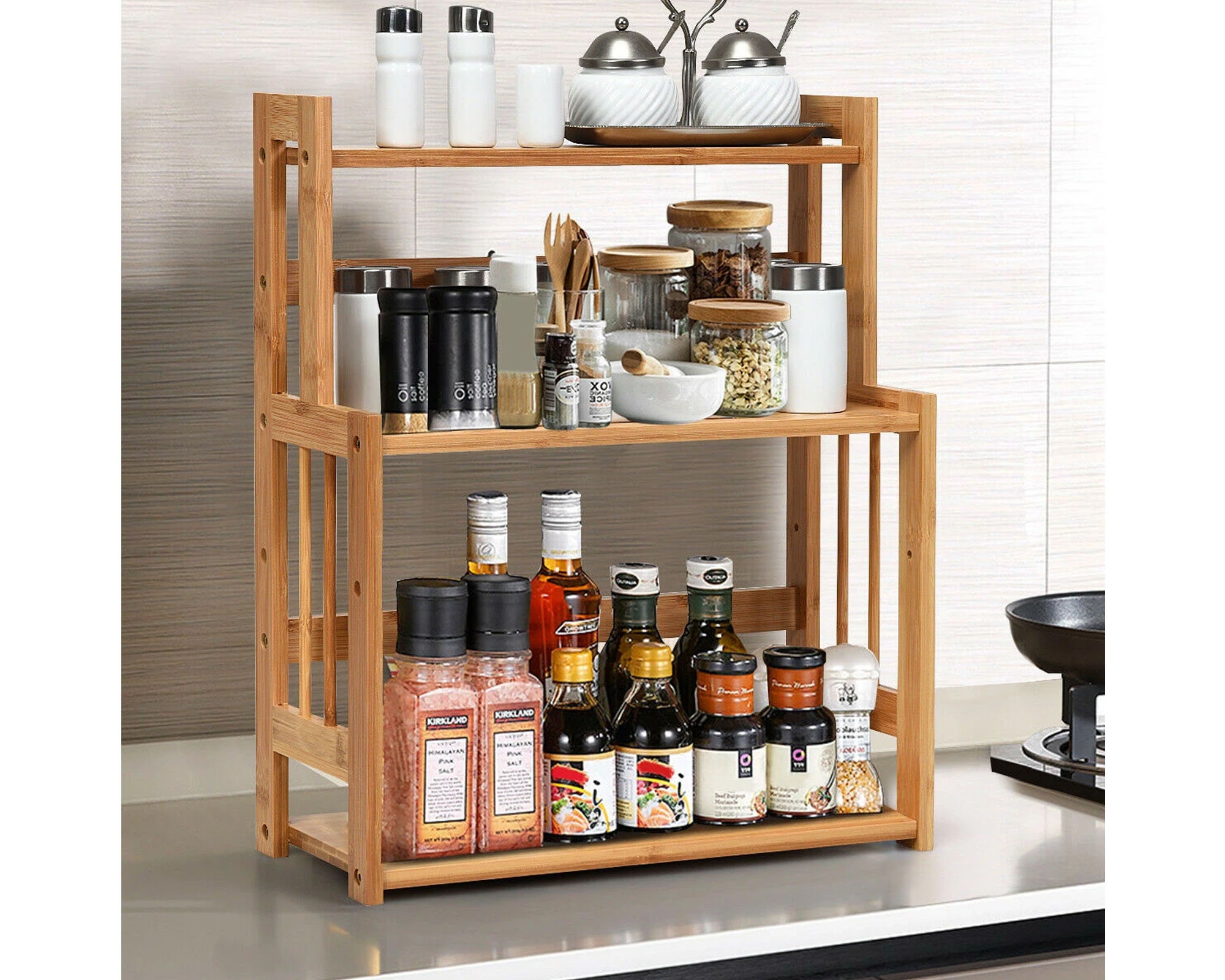 3-tier Bamboo Spice Rack Kitchen Organizer Sturdy Adjustable Shelf